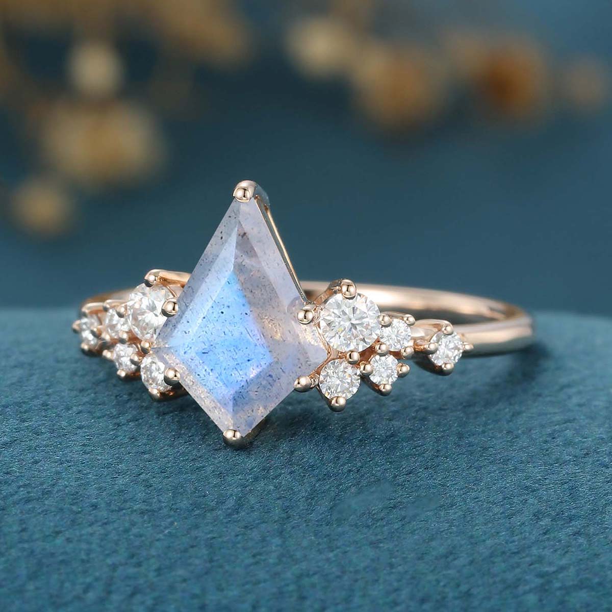 Kite Cut Labradorite Cluster Engagement Ring 