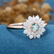 Round Cut Natural Green Moss Agate Cluster Engagement Ring 