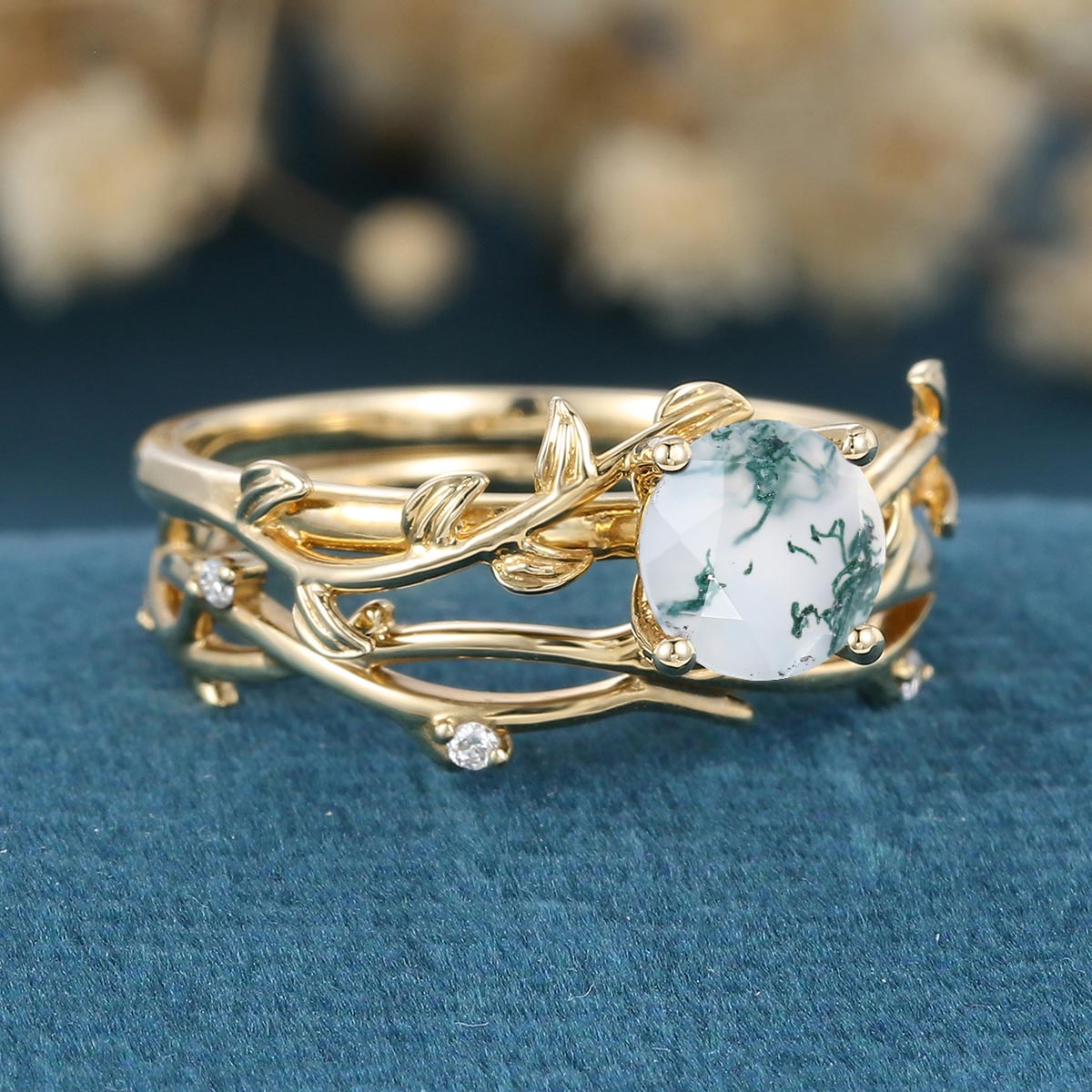 Nature Inspired Round cut Moss Agate Leaf Gold ring set