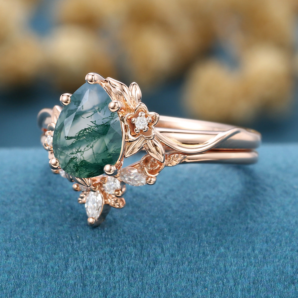 1.2Carat Pear Cut Moss Agate Cluster Engagement ring Bridal Set