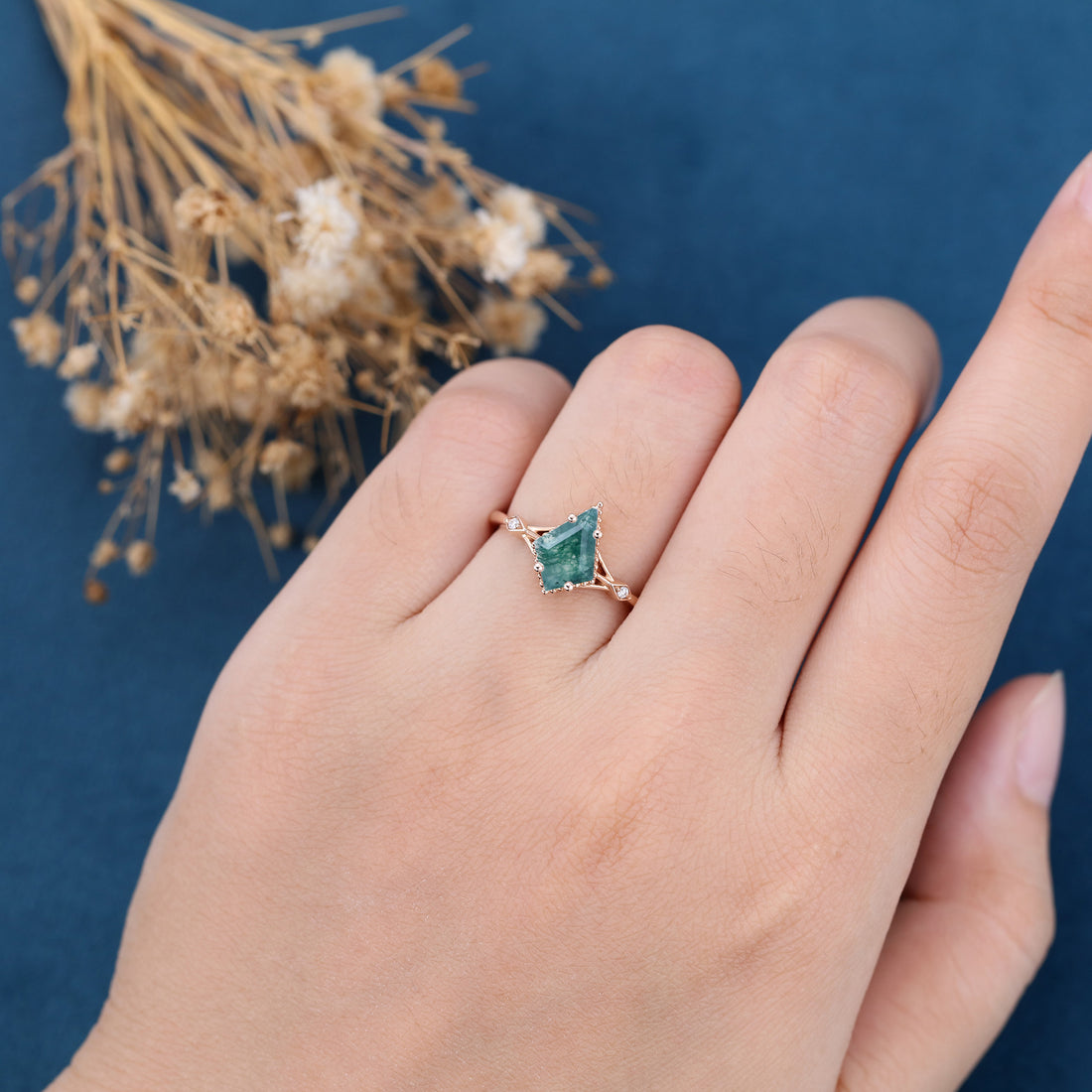 Kite Cut Natural Green Moss Agate Cluster Engagement Ring