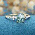 Oval Cut Natural Green Moss Agate Cluster Engagement Ring