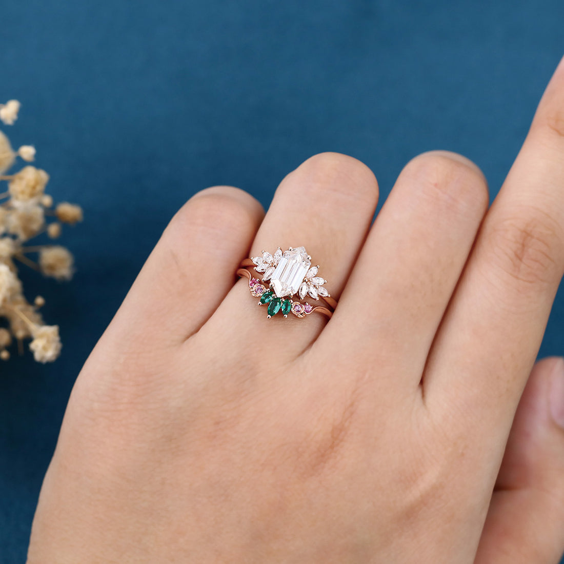 Hexagon cut Moissanite Matching Diamonds | Lab Grown Emerald |  Natural Pink Sapphires  Rose Gold Wedding Bridal Set