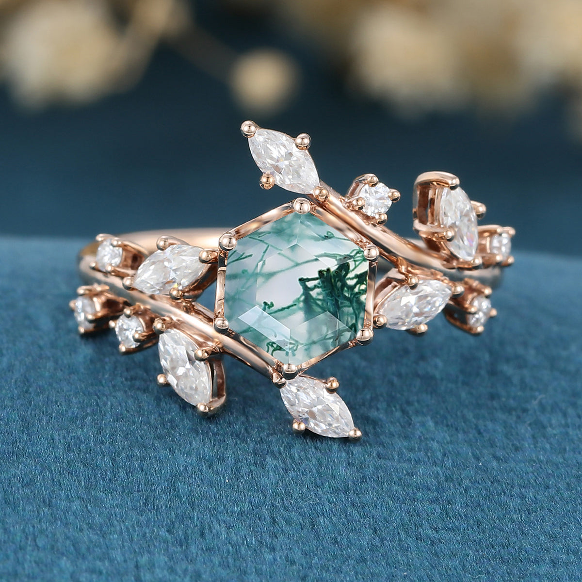 Nature Inspired Hexagon cut Moss Agate Engagement Ring