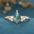 Kite Cut Natural Green Moss Agate Cluster Engagement Ring 