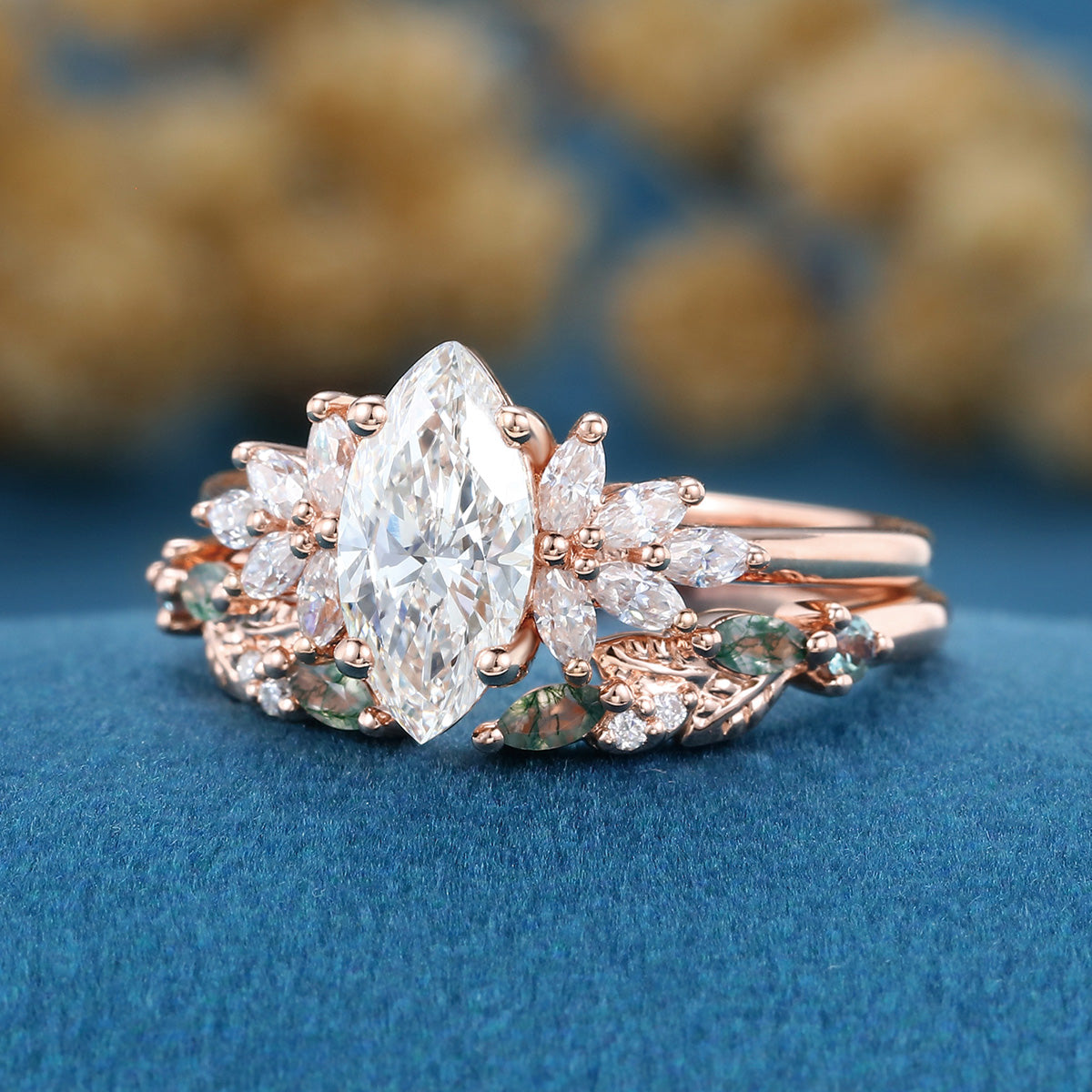 Marquise cut Lab grown Diamond  Engagement ring +Moss agate Wedding Bridal set