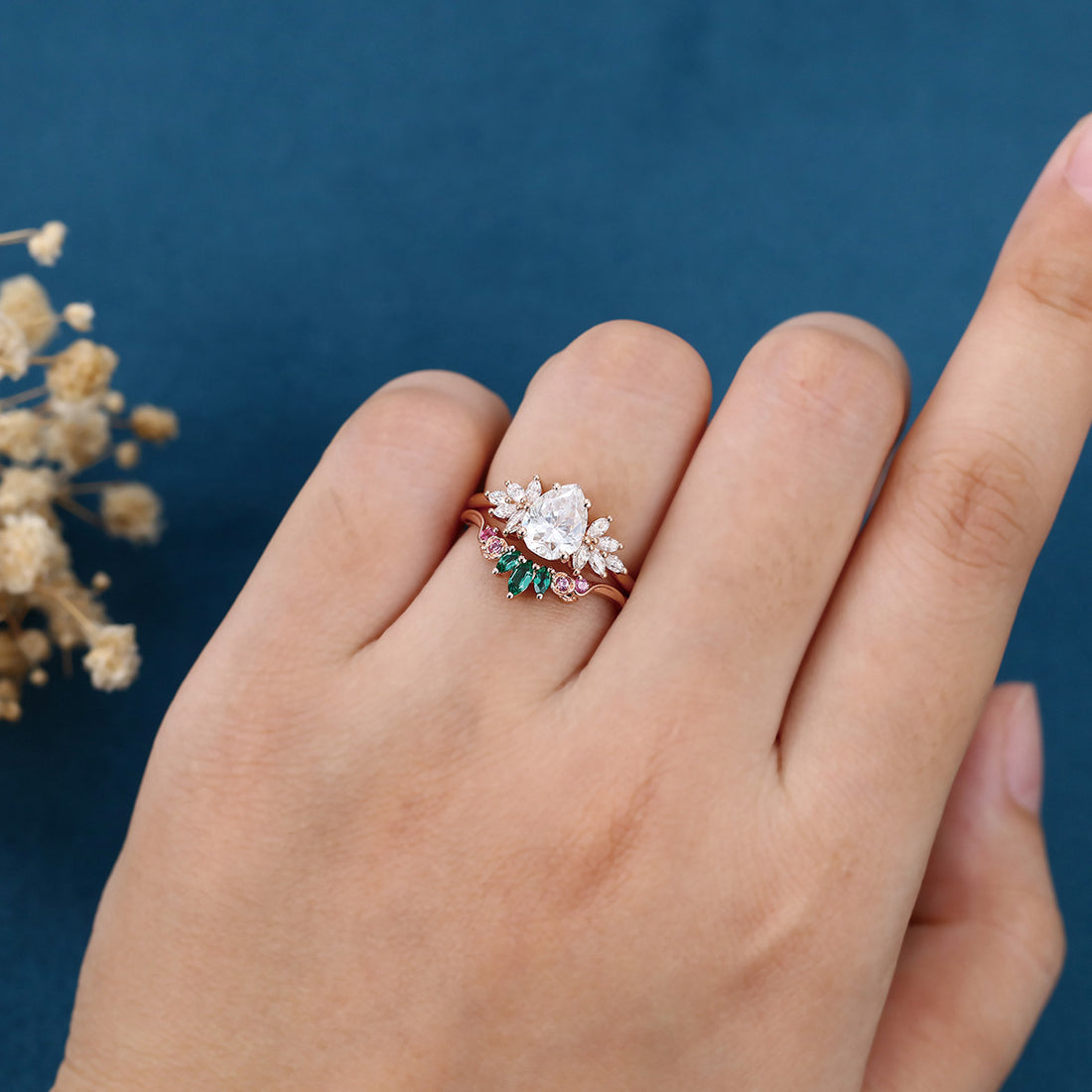 Oval cut Moissanite Matching Diamonds | Lab Grown Emerald |  Natural Pink Sapphires  Rose Gold Wedding Bridal Set