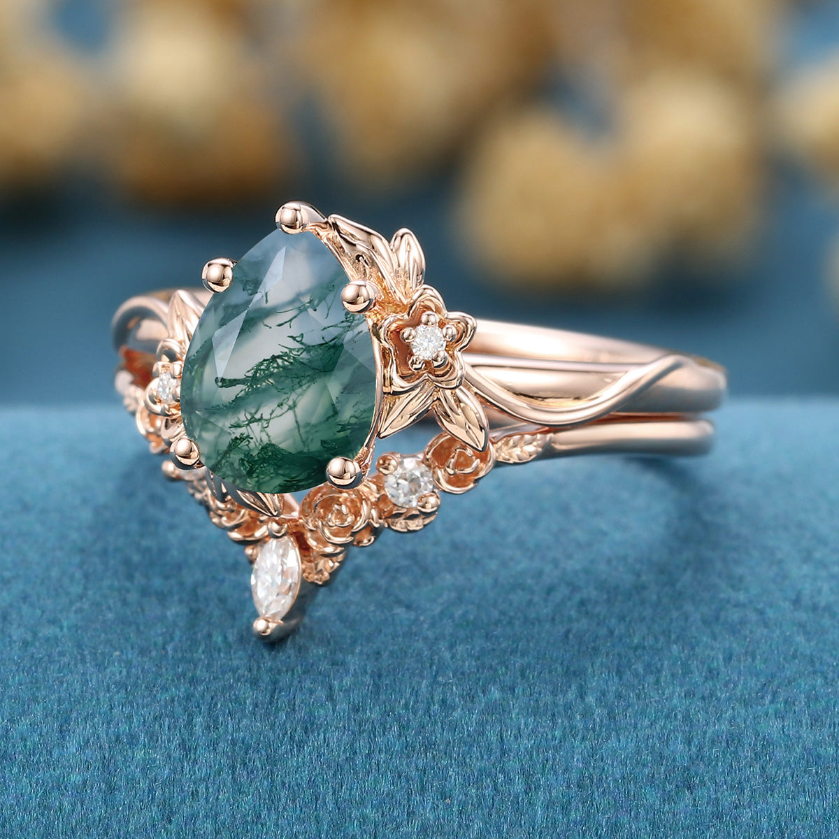 1.2Carat Pear Cut Moss Agate Cluster Engagement ring Bridal Set