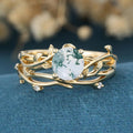 Nature Inspired Round cut Moss Agate Leaf Gold ring set