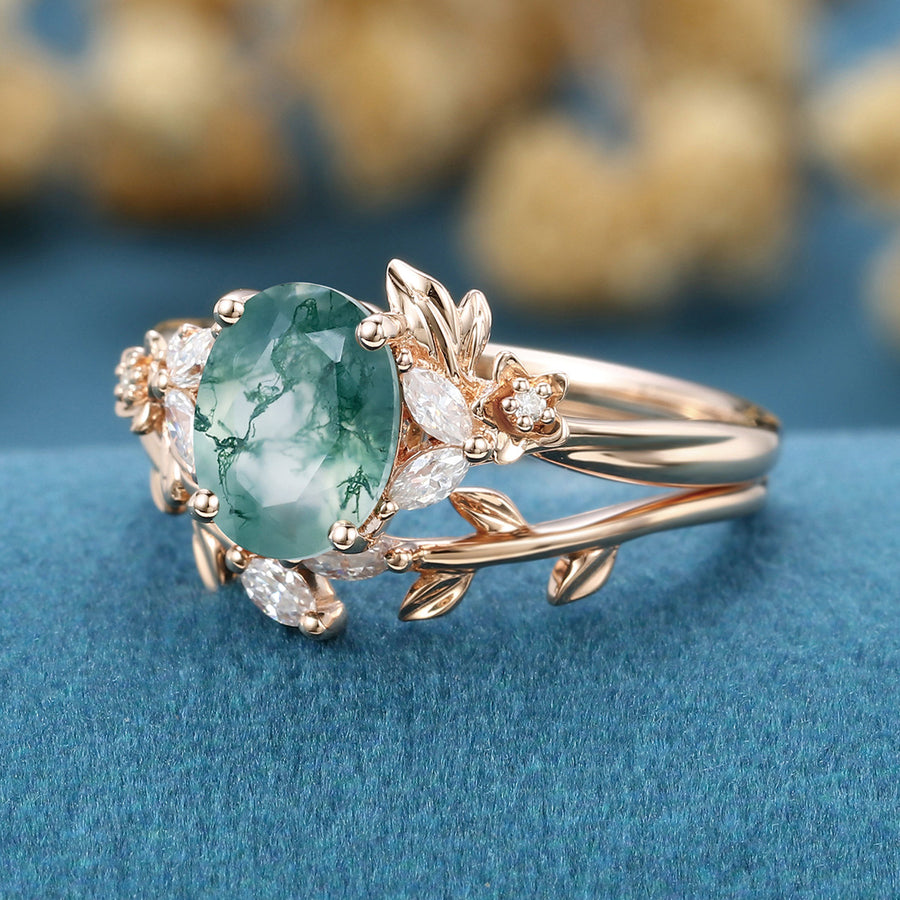 Nature Inspired Oval cut Moss Agate Leaf Gold Ring set (Copy)