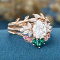 Oval cut Moissanite Matching Diamonds | Lab Grown Emerald |  Natural Pink Sapphires  Rose Gold Wedding Bridal Set