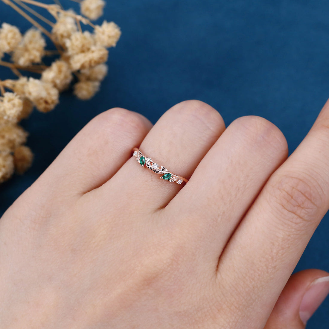 Marquise Cut Lab Emerald + Diamonds Curved Wedding Band