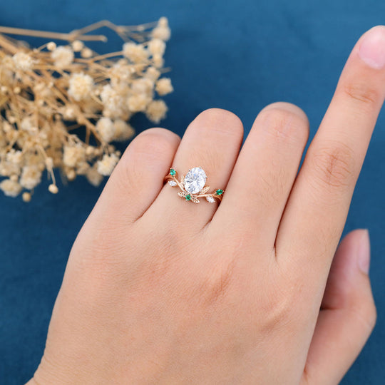 Nature Inspired Oval cut Moissanite Leaf  Engagement Ring