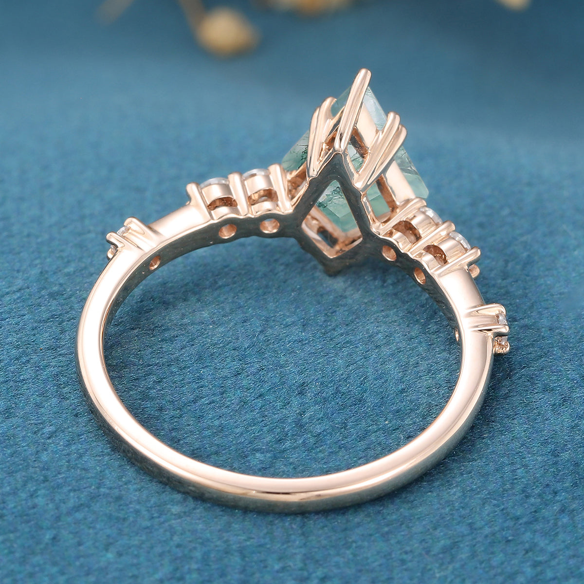 Kite Cut Natural Green Moss Agate Cluster Engagement Ring 