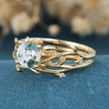 Nature Inspired Round cut Moss Agate Leaf Gold ring set