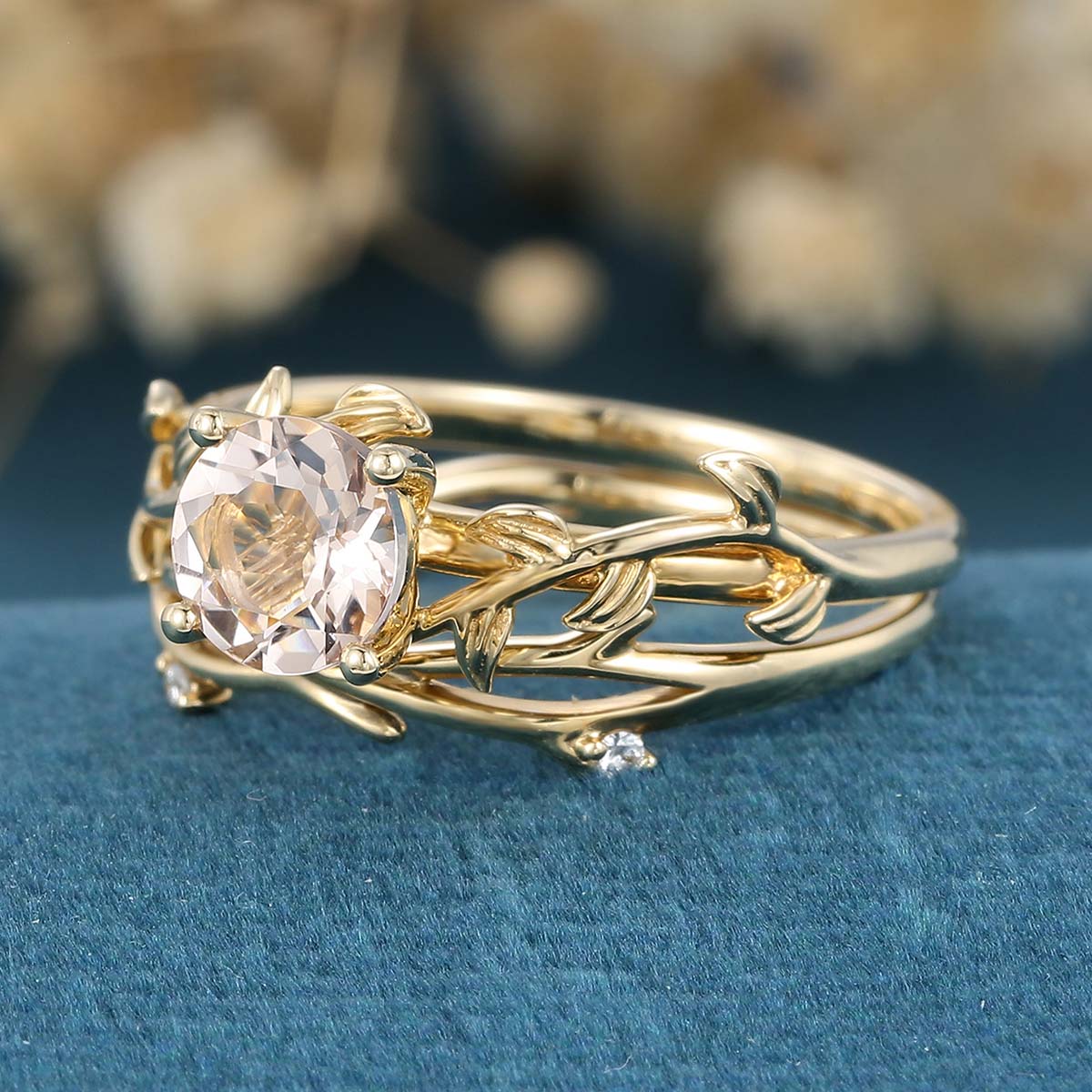 Nature Inspired Round cut Morganite Leaf Gold ring set