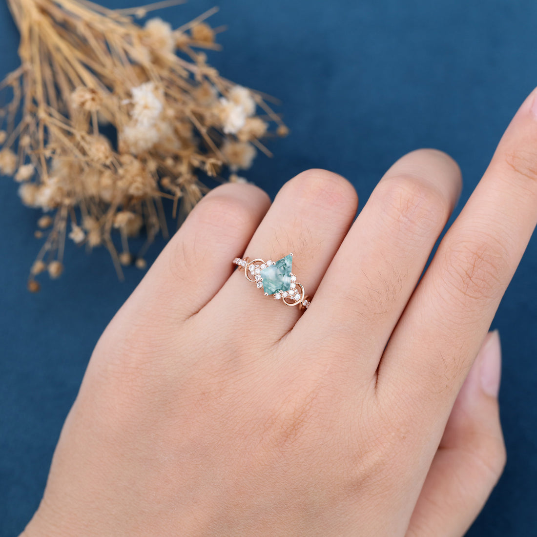 Kite Cut Natural Green Moss Agate Cluster Engagement Ring