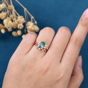 Nature Inspired Oval cut Moss Agate Leaf Gold Ring set (Copy)