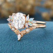 Oval Cut Moissanite+Opal Rose Gold Wedding Bridal set