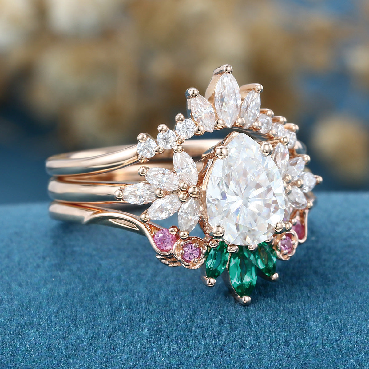 Pear cut Moissanite Rose Gold Matching Diamonds | Lab Grown Emerald Wedding bridal set