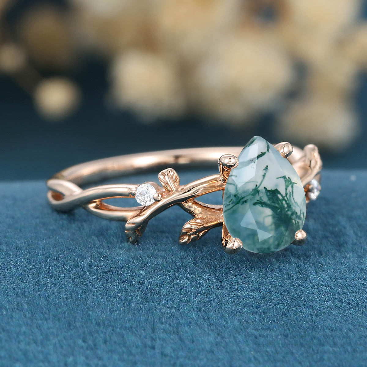 Nature Inspired Pear cut Moss Agate Leaf Gold Engagement Ring