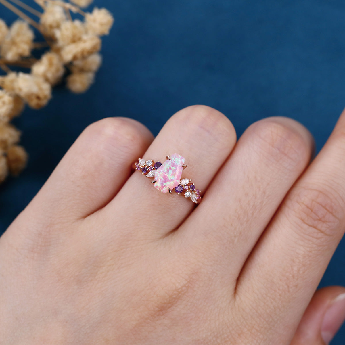 1.1Carat Coffin cut Lab Pink Opal Engagement Ring