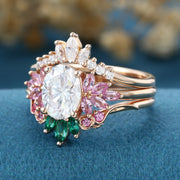 Oval cut Moissanite Matching Diamonds | Lab Grown Emerald |  Natural Pink Sapphires  Rose Gold Wedding Bridal Set