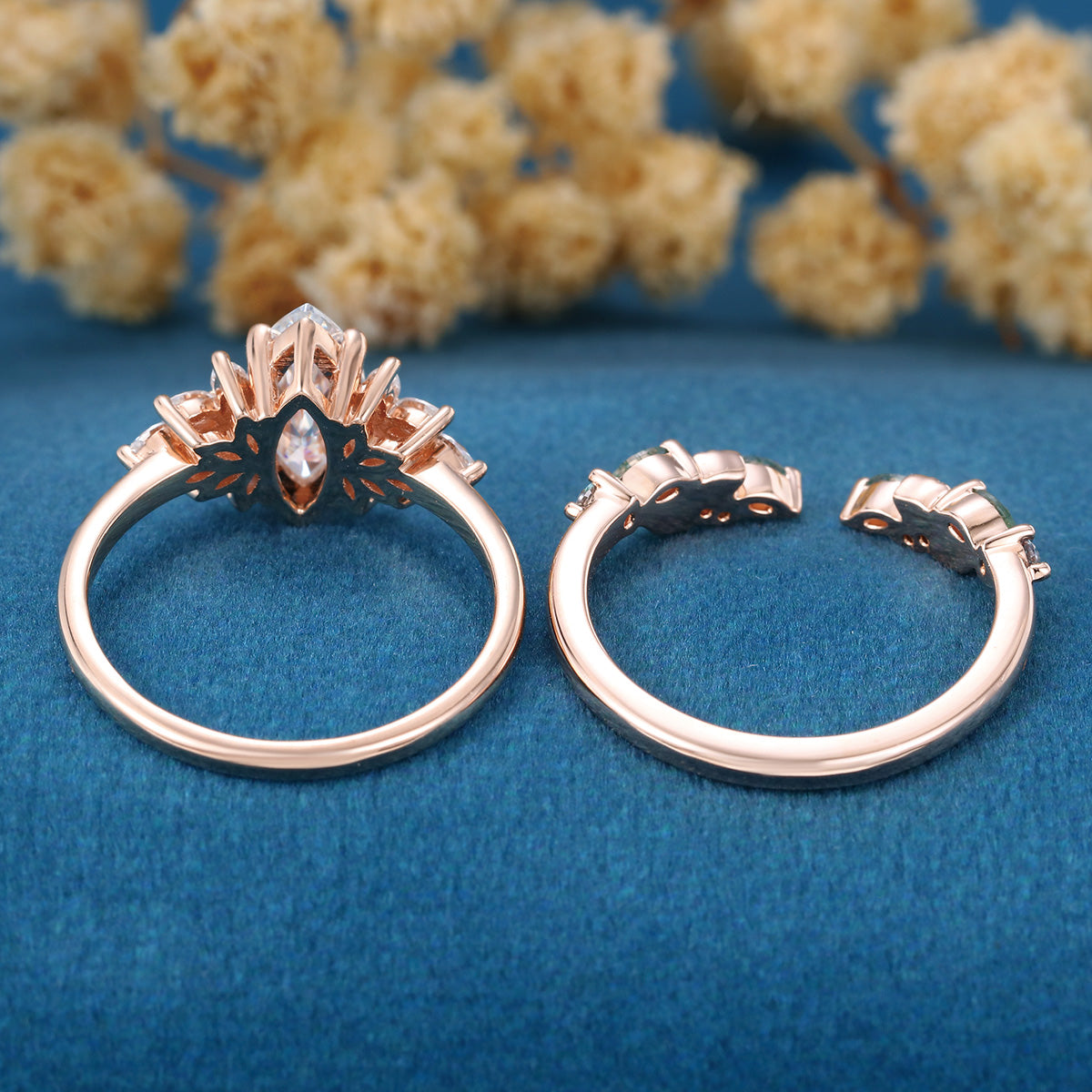 Marquise cut Lab grown Diamond  Engagement ring +Moss agate Wedding Bridal set