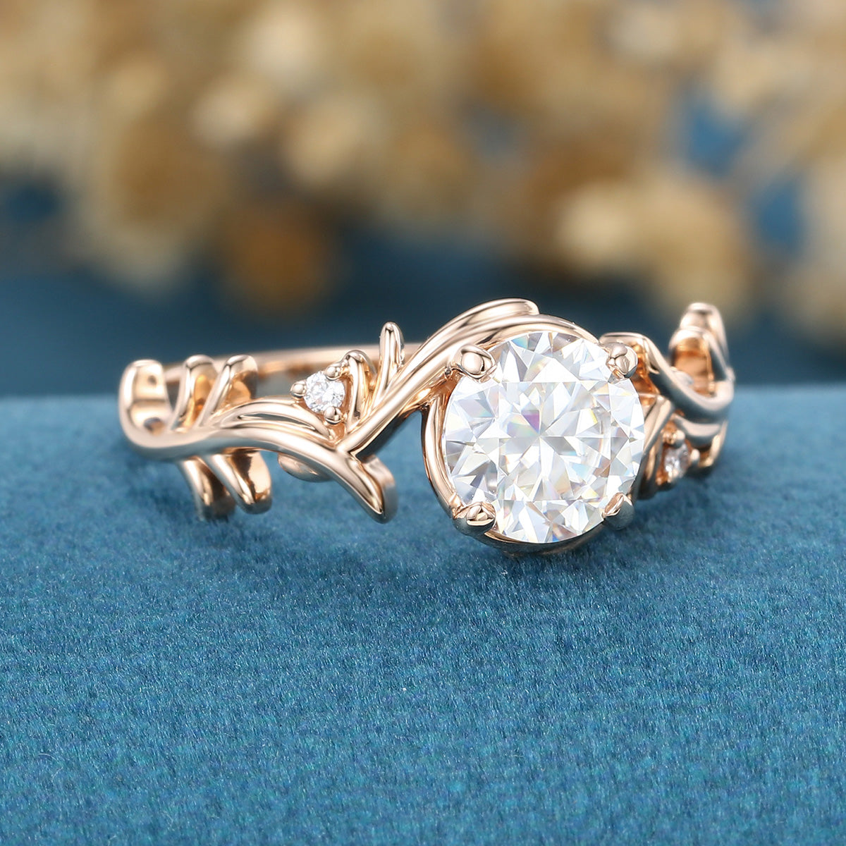 1.0Carat Round Cut Moissanite Leaf Design Rose Gold Engagement Ring