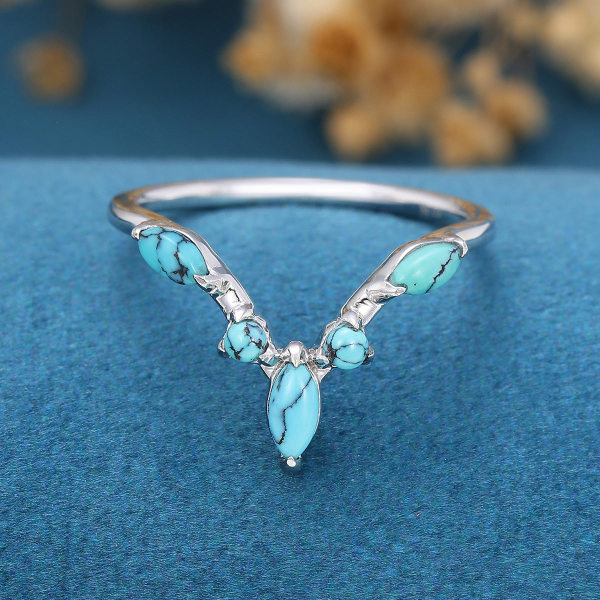 Marquise cut Turquoise Curved Wedding Band Ring
