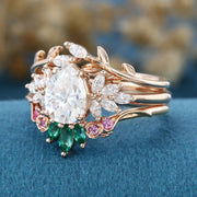 Oval cut Moissanite Matching Diamonds | Lab Grown Emerald |  Natural Pink Sapphires  Rose Gold Wedding Bridal Set