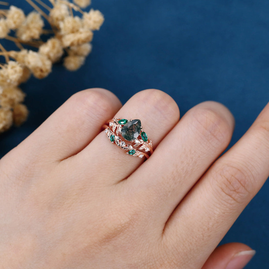 Pear cut Moss Agate Engagement ring + Lab Emerald Curved Wedding bridal set