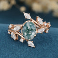 Nature Inspired Oval cut Moss Agate Leaf Gold Engagement Ring