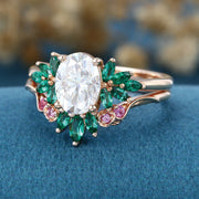 Oval cut Moissanite Matching Diamonds | Lab Grown Emerald |  Natural Pink Sapphires  Rose Gold Wedding Bridal Set