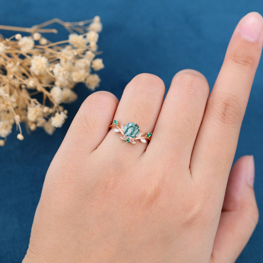 Nature Inspired Round cut Moss Agate Leaf Gold ring set