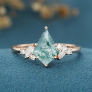 Kite Cut Natural Green Moss Agate Cluster Engagement Ring 