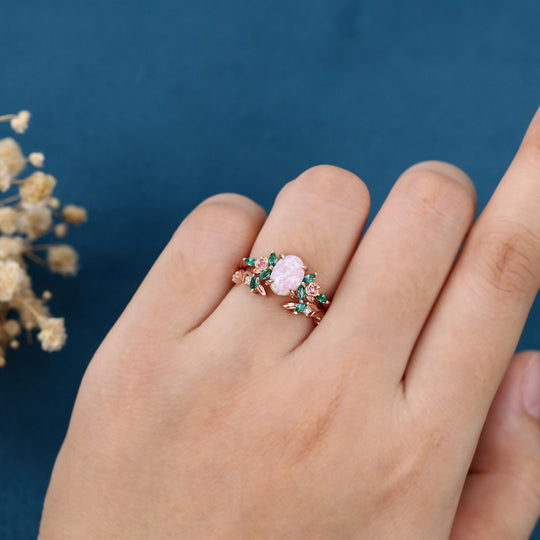 Oval cut Lab Pink Opal Rose Gold Matching Moissanite | Lab Grown Emerald Rose Gold Wedding Bridal Set