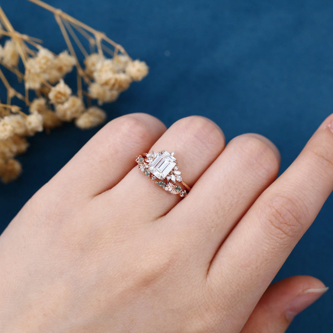 Emerald cut Moissanite Engagement ring +Moss agate Wedding Bridal set