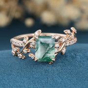 Nature Inspired Emerald cut Moss Agate Leaf Gold Engagement Ring