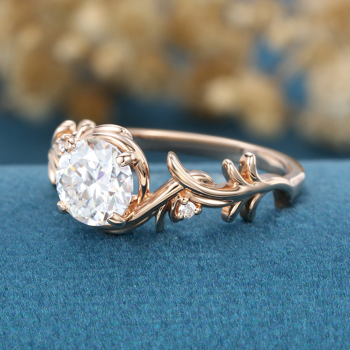 1.0Carat Round Cut Moissanite Leaf Design Rose Gold Engagement Ring