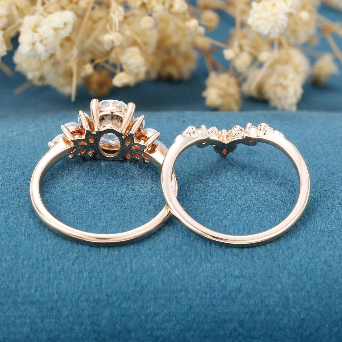 Oval Cut Moissanite+Opal Rose Gold Wedding Bridal set