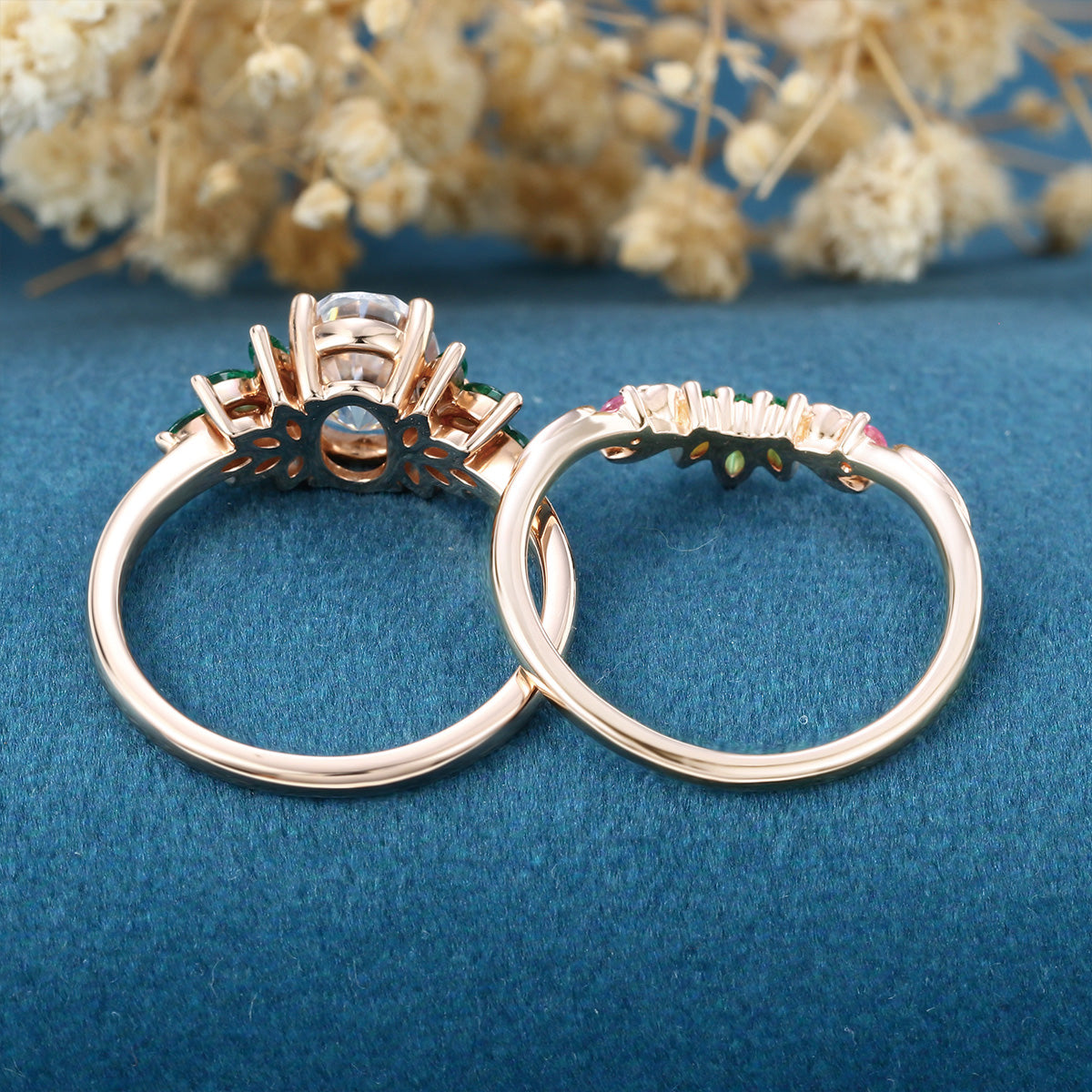 Oval cut Moissanite Matching Diamonds | Lab Grown Emerald |  Natural Pink Sapphires  Rose Gold Wedding Bridal Set