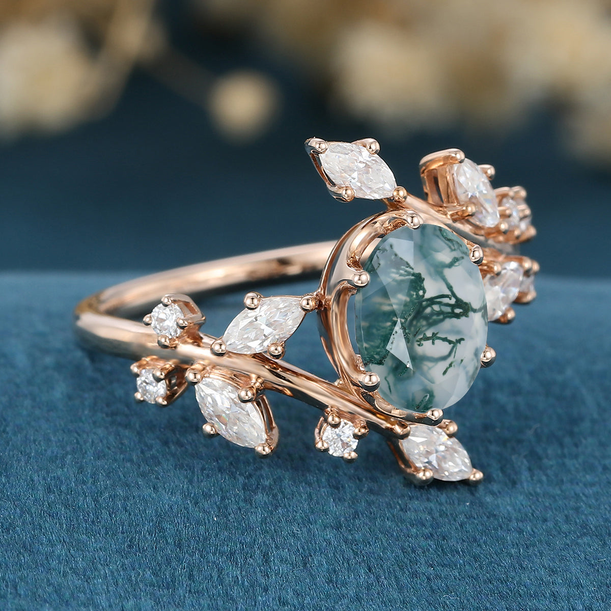 Nature Inspired Oval cut Moss Agate Leaf Gold Engagement Ring