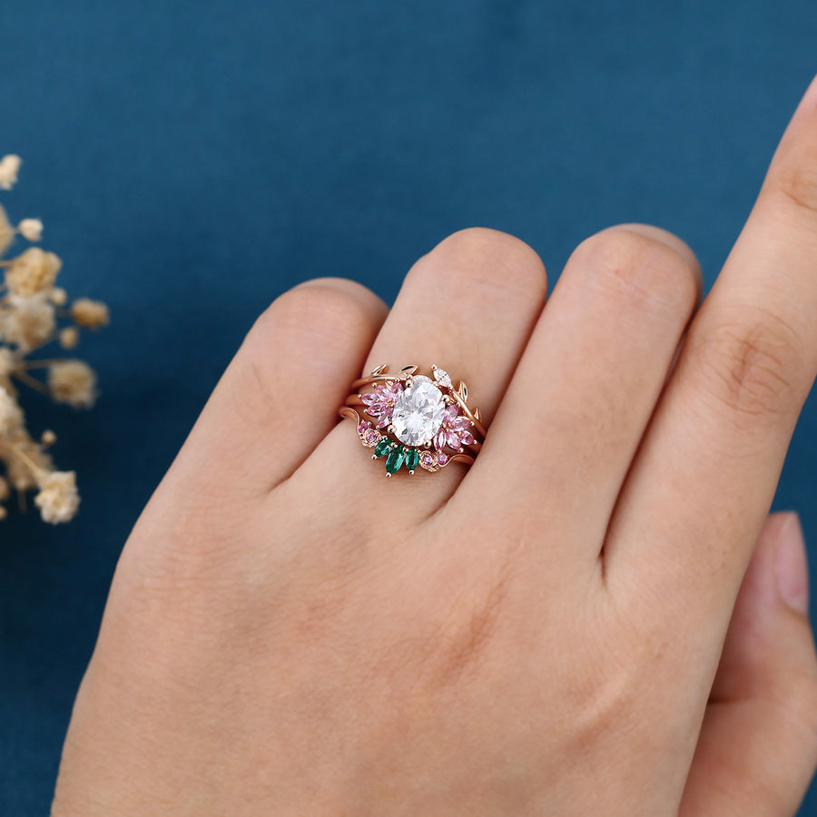 Oval cut Moissanite Matching Diamonds | Lab Grown Emerald |  Natural Pink Sapphires  Rose Gold Wedding Bridal Set