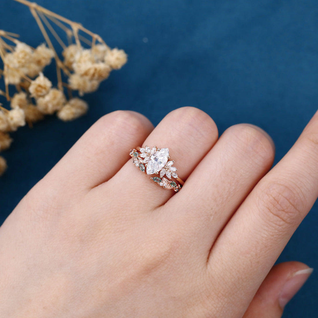 Marquise cut Moissanite Engagement ring +Moss agate Wedding Bridal set