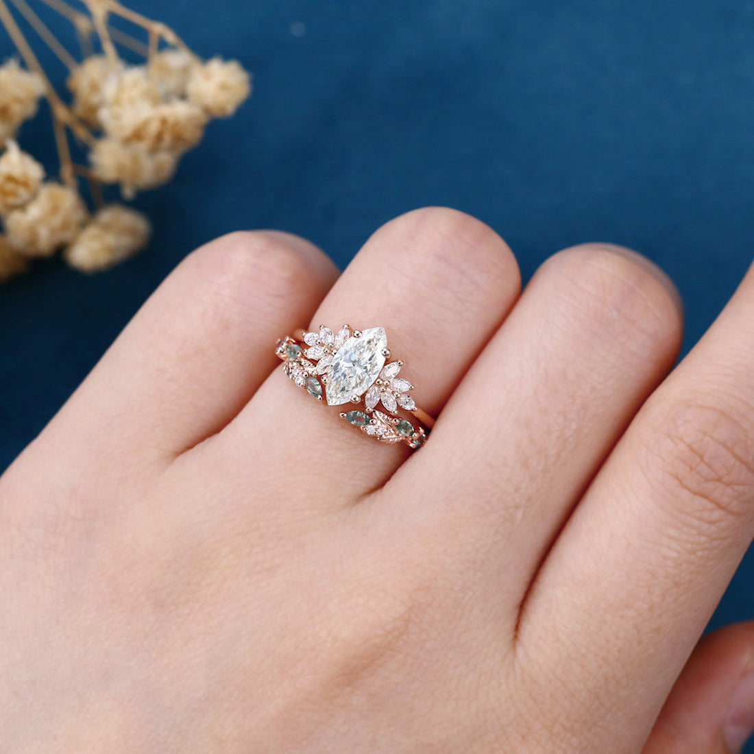 Marquise cut Lab grown Diamond  Engagement ring +Moss agate Wedding Bridal set