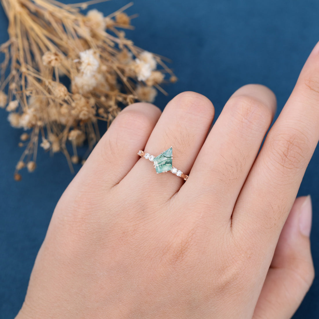 Kite Cut Natural Green Moss Agate Cluster Engagement Ring