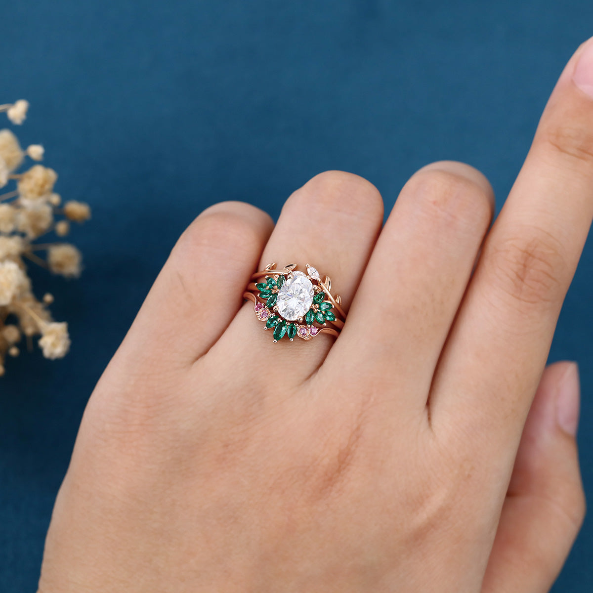 Oval cut Moissanite Matching Diamonds | Lab Grown Emerald |  Natural Pink Sapphires  Rose Gold Wedding Bridal Set