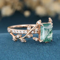 Nature Inspired Emerald cut Moss Agate Leaf Gold Engagement Ring