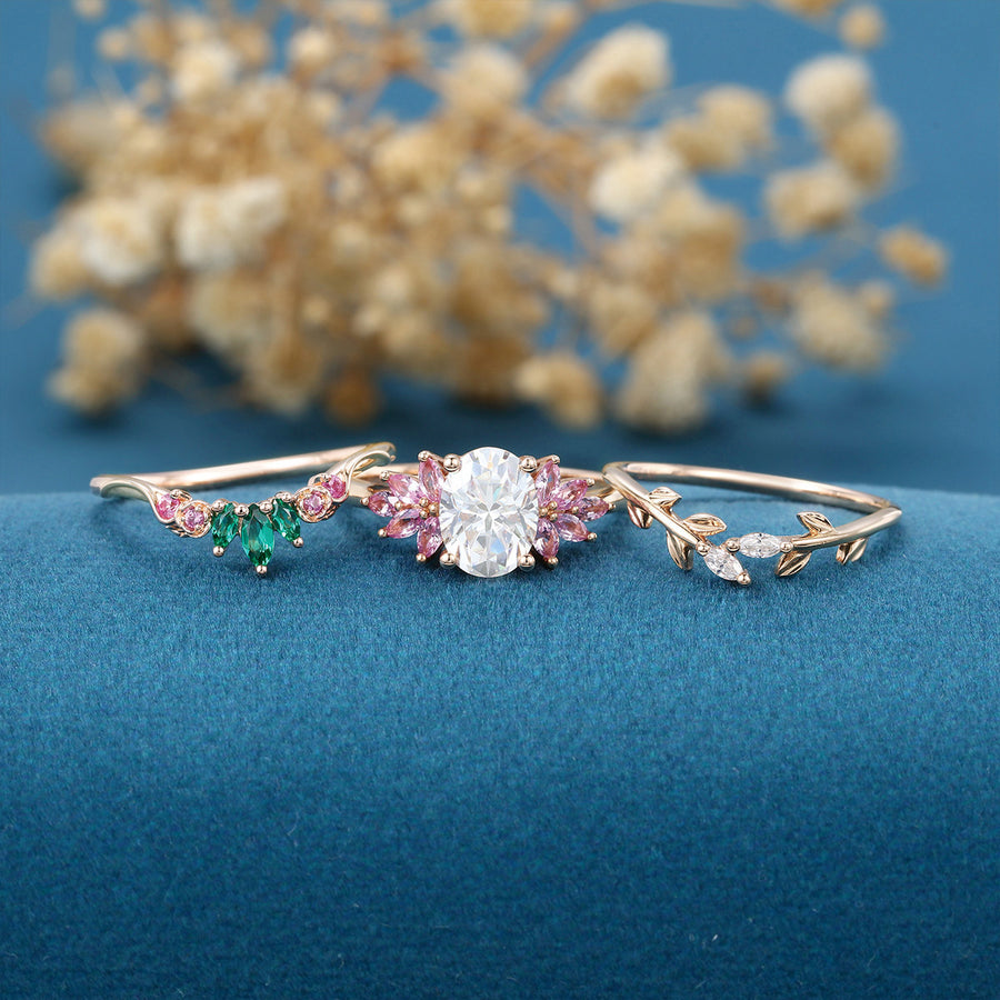 Oval cut Moissanite Matching Diamonds | Lab Grown Emerald |  Natural Pink Sapphires  Rose Gold Wedding Bridal Set